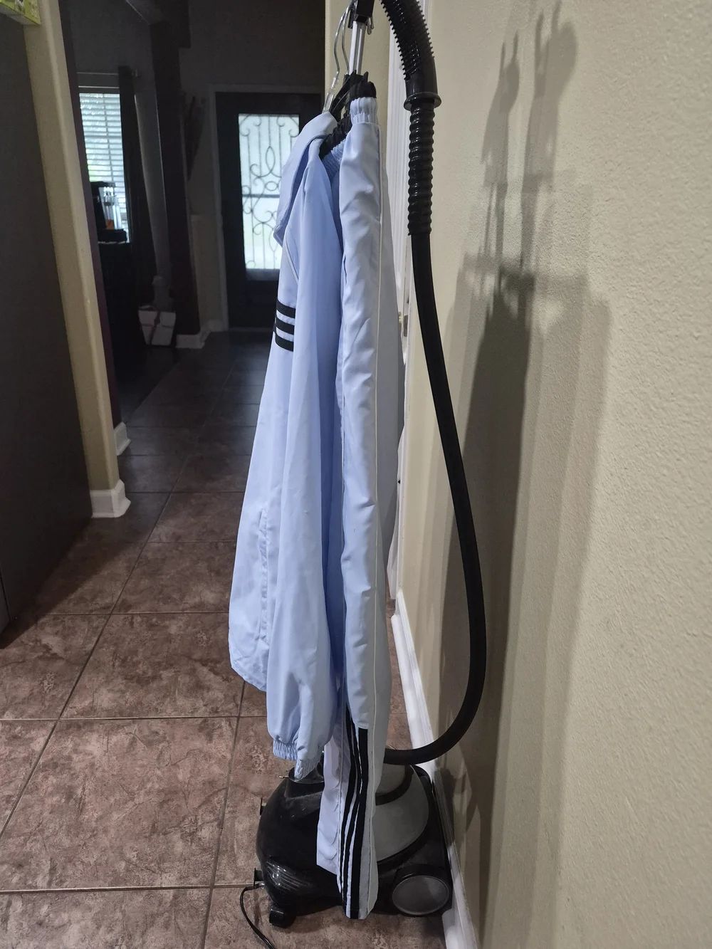 Adidas Men's Light Blue Track Suit with Black Stripes